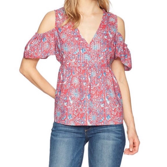 Lucky‎ Brand Floral V-Neck Cold Shoulder Top Pink Small - Picture 1 of 8